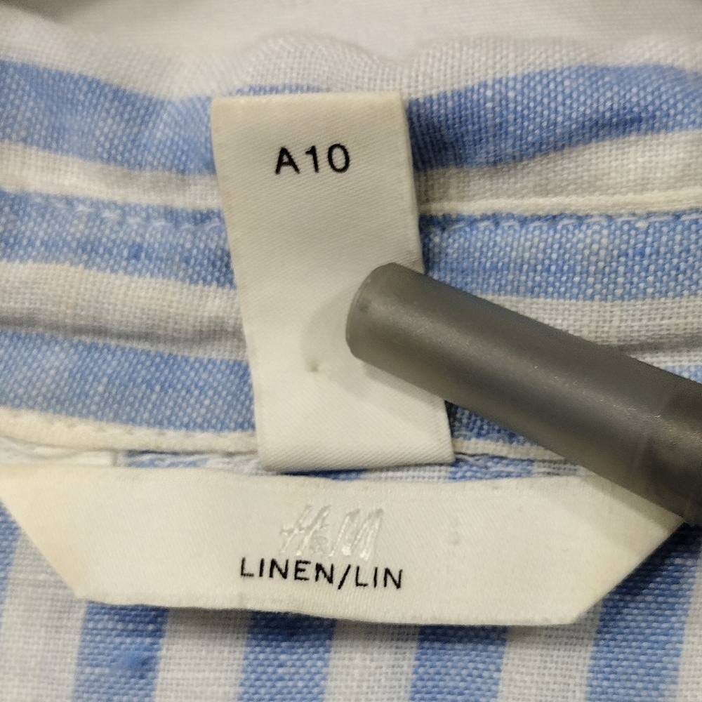 H&M 100% Linen Stripped Button Shirt Women's L Blue White Office Casual Retro - Picture 7 of 9